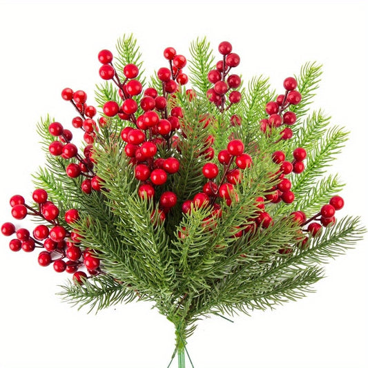 30pcs Artificial Pine Branches with Christmas Holly Berries and Red Berry Stems for Christmas Wreath Decorations and Xmas Tree Decoration