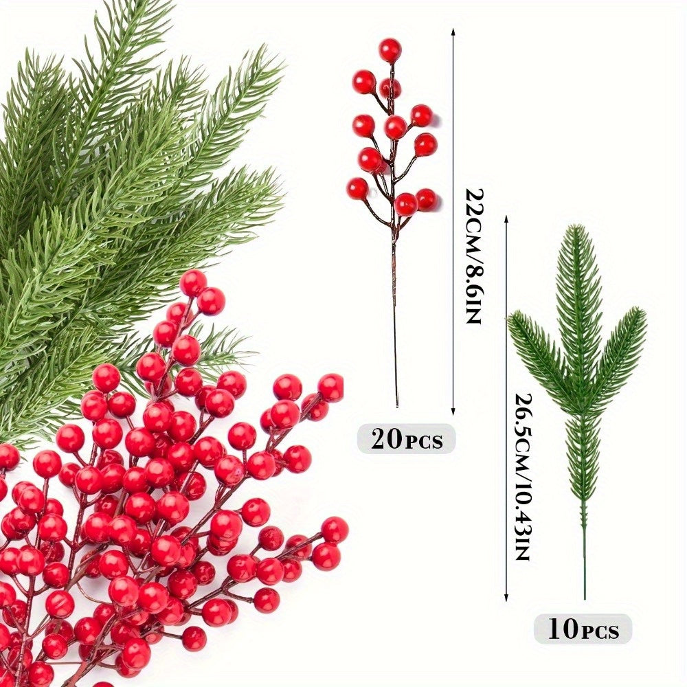 30pcs Artificial Pine Branches with Christmas Holly Berries and Red Berry Stems for Christmas Wreath Decorations and Xmas Tree Decoration