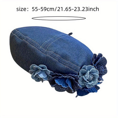 Chic Denim Beret With 3D Floral Accent - Trendy Color Block, Foldable Painter Cap For Women