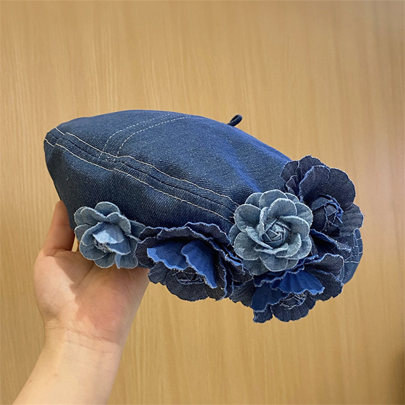 Chic Denim Beret With 3D Floral Accent - Trendy Color Block, Foldable Painter Cap For Women