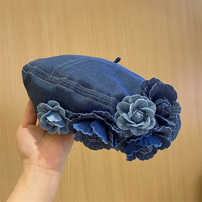 Chic Denim Beret With 3D Floral Accent - Trendy Color Block, Foldable Painter Cap For Women