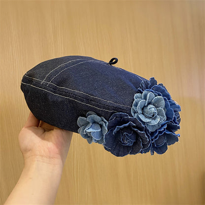 Chic Denim Beret With 3D Floral Accent - Trendy Color Block, Foldable Painter Cap For Women