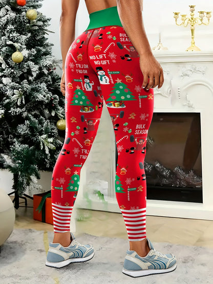 High Waist Festive Christmas Yoga Leggings for Adults - Polyester Elastane Blend, Knitted Stretch Fabric, Skinny Fit, Mature Style, Holiday Pattern - 1 Piece Pack