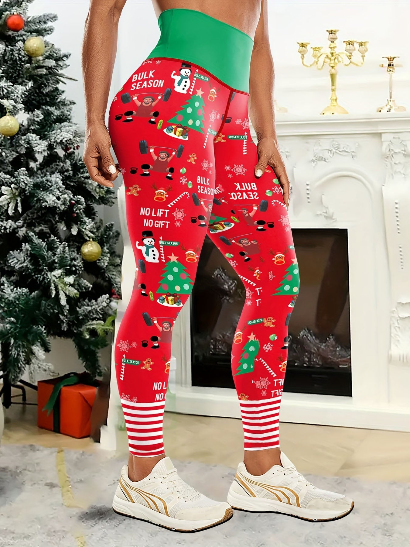 High Waist Festive Christmas Yoga Leggings for Adults - Polyester Elastane Blend, Knitted Stretch Fabric, Skinny Fit, Mature Style, Holiday Pattern - 1 Piece Pack