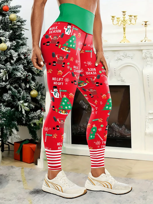 High Waist Festive Christmas Yoga Leggings for Adults - Polyester Elastane Blend, Knitted Stretch Fabric, Skinny Fit, Mature Style, Holiday Pattern - 1 Piece Pack