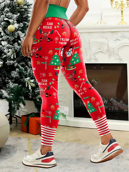 High Waist Festive Christmas Yoga Leggings for Adults - Polyester Elastane Blend, Knitted Stretch Fabric, Skinny Fit, Mature Style, Holiday Pattern - 1 Piece Pack
