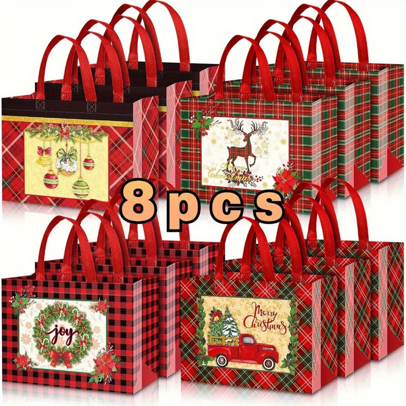 8pcs/12pcs Large Christmas Plaid Tote Gift Bags - Reusable, Waterproof, Lightweight, Multifunctional Gift Bags for Party Favors, Treats, and Shopping - Perfect for Holiday Gift Giving, Party Supplies, and Everyday Use