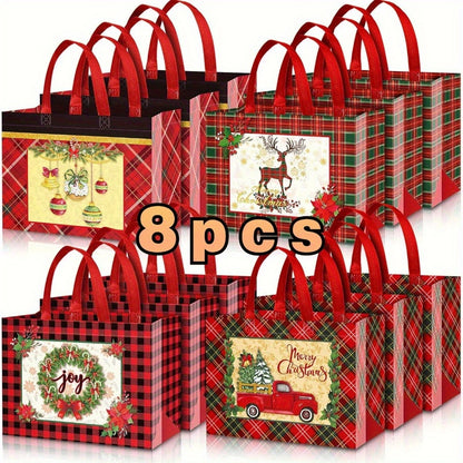 8pcs/12pcs Large Christmas Plaid Tote Gift Bags - Reusable, Waterproof, Lightweight, Multifunctional Gift Bags for Party Favors, Treats, and Shopping - Perfect for Holiday Gift Giving, Party Supplies, and Everyday Use