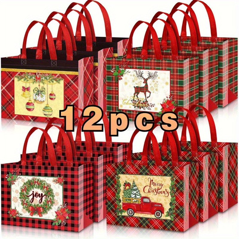 8pcs/12pcs Large Christmas Plaid Tote Gift Bags - Reusable, Waterproof, Lightweight, Multifunctional Gift Bags for Party Favors, Treats, and Shopping - Perfect for Holiday Gift Giving, Party Supplies, and Everyday Use