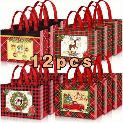 8pcs/12pcs Large Christmas Plaid Tote Gift Bags - Reusable, Waterproof, Lightweight, Multifunctional Gift Bags for Party Favors, Treats, and Shopping - Perfect for Holiday Gift Giving, Party Supplies, and Everyday Use