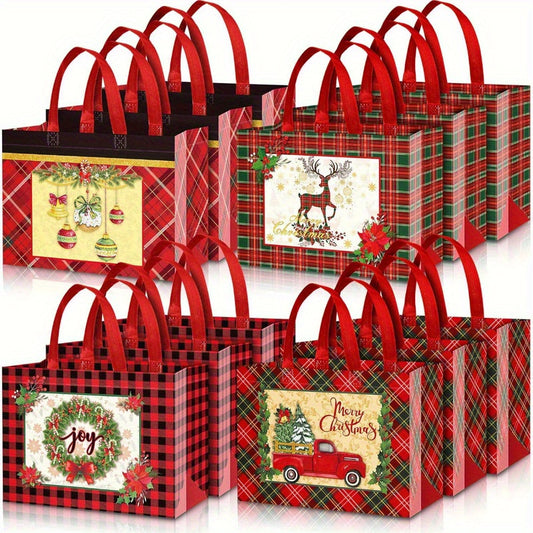 8pcs/12pcs Large Christmas Plaid Tote Gift Bags - Reusable, Waterproof, Lightweight, Multifunctional Gift Bags for Party Favors, Treats, and Shopping - Perfect for Holiday Gift Giving, Party Supplies, and Everyday Use