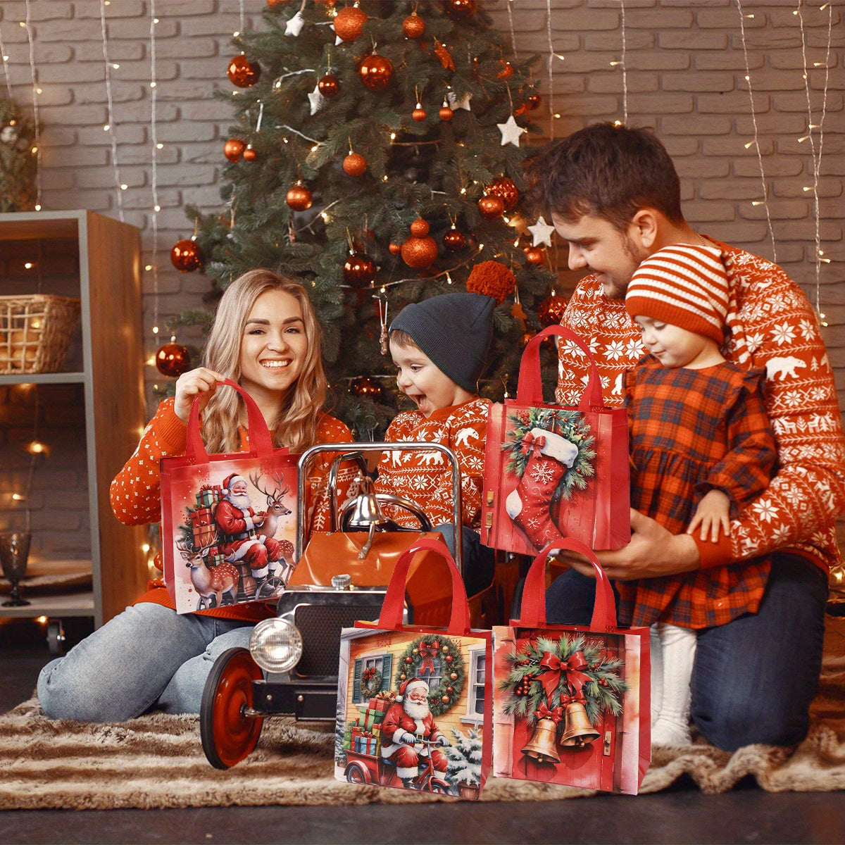 4pcs Christmas Reusable Tote Bags - Non-Woven Polyester Blend Holiday Gift Bags with Handles - Waterproof Goodie Bags with Retro Seasonal Designs for General Use and Festive Occasions