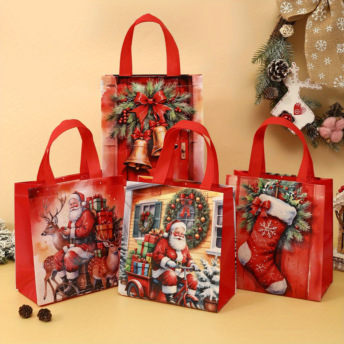 4pcs Christmas Reusable Tote Bags - Non-Woven Polyester Blend Holiday Gift Bags with Handles - Waterproof Goodie Bags with Retro Seasonal Designs for General Use and Festive Occasions