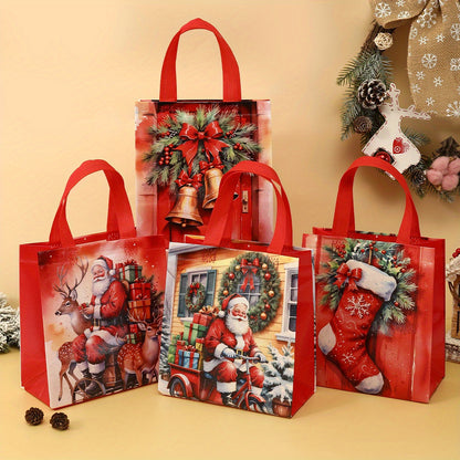 4pcs Christmas Reusable Tote Bags - Non-Woven Polyester Blend Holiday Gift Bags with Handles - Waterproof Goodie Bags with Retro Seasonal Designs for General Use and Festive Occasions