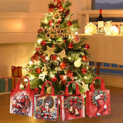 4pcs Christmas Reusable Tote Bags - Non-Woven Polyester Blend Holiday Gift Bags with Handles - Waterproof Goodie Bags with Retro Seasonal Designs for General Use and Festive Occasions