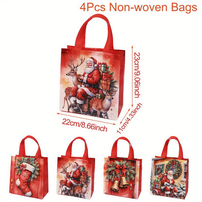 4pcs Christmas Reusable Tote Bags - Non-Woven Polyester Blend Holiday Gift Bags with Handles - Waterproof Goodie Bags with Retro Seasonal Designs for General Use and Festive Occasions