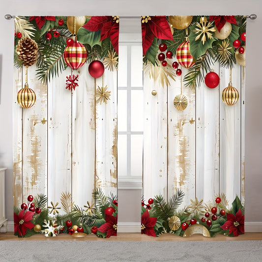 2pcs Machine Washable Contemporary Christmas Doorway Curtains with Hook-Free Installation, Polyester Knit, and Digital Floral Holiday Design for All Room Types