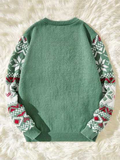 1pc JWDX220 Women's Casual Christmas Sweater - Viscose Knit Long Sleeve Pullover with Snowflake Pattern, Round Neck, Color Block Detail for Autumn/Winter Season