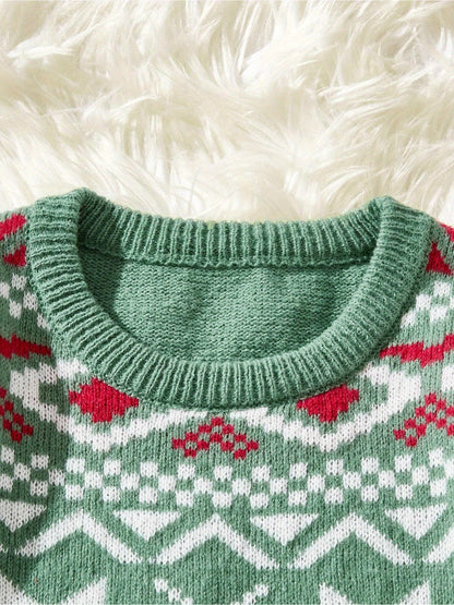 1pc JWDX220 Women's Casual Christmas Sweater - Viscose Knit Long Sleeve Pullover with Snowflake Pattern, Round Neck, Color Block Detail for Autumn/Winter Season