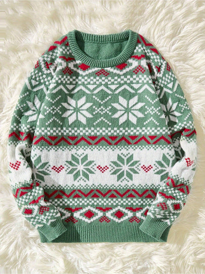 1pc JWDX220 Women's Casual Christmas Sweater - Viscose Knit Long Sleeve Pullover with Snowflake Pattern, Round Neck, Color Block Detail for Autumn/Winter Season