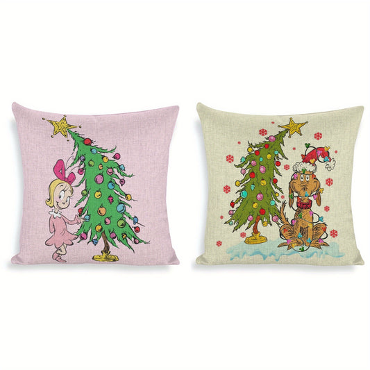 Set of 2 Contemporary Christmas Throw Pillow Covers 18x18 Inch - Hand Washable Polyester Cushion Cases with Zipper for Home Decor, Featuring Geometric Patterns with Little Girl and Dog by Christmas Tree Design, Ideal for Various Room Types