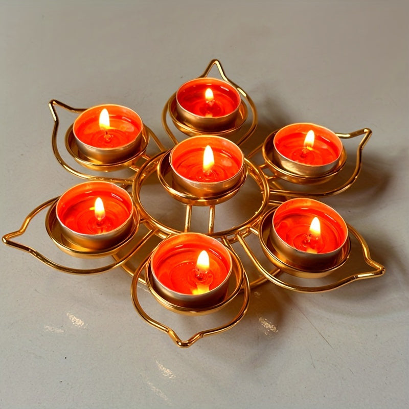 Set of 7 Seven-Star Plum Blossom Tea Light Candle Holders - Metal Lacquered Finish Lotus Flower Design Tabletop Candle Stand