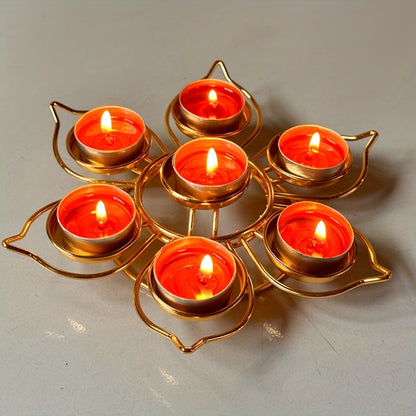 Set of 7 Seven-Star Plum Blossom Tea Light Candle Holders - Metal Lacquered Finish Lotus Flower Design Tabletop Candle Stand