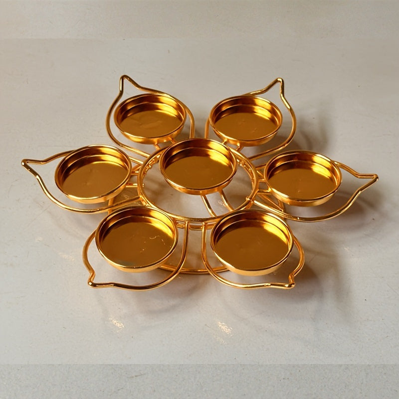 Set of 7 Seven-Star Plum Blossom Tea Light Candle Holders - Metal Lacquered Finish Lotus Flower Design Tabletop Candle Stand