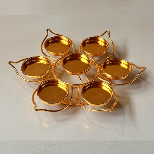 Set of 7 Seven-Star Plum Blossom Tea Light Candle Holders - Metal Lacquered Finish Lotus Flower Design Tabletop Candle Stand