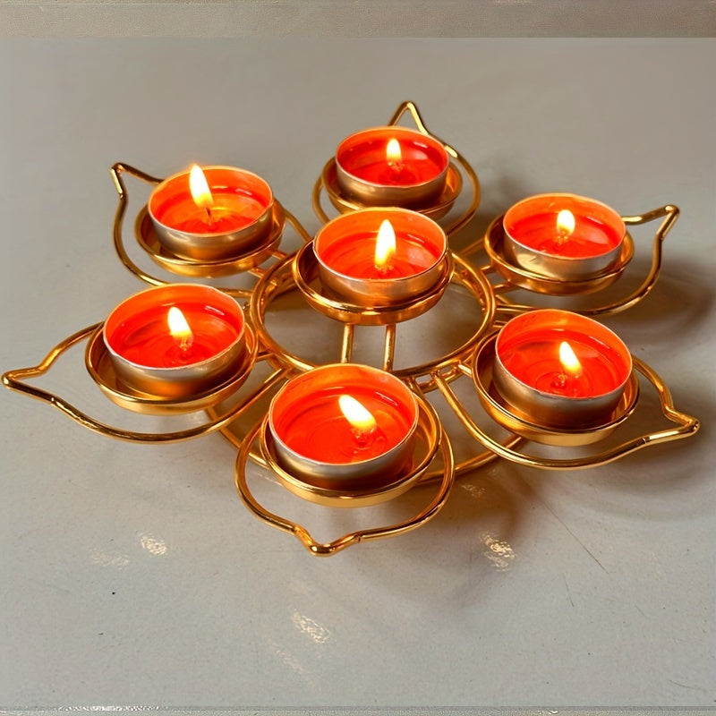 Set of 7 Seven-Star Plum Blossom Tea Light Candle Holders - Metal Lacquered Finish Lotus Flower Design Tabletop Candle Stand