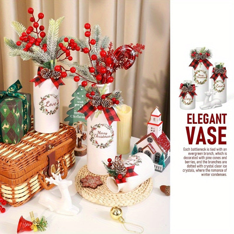 Set of 4 Artificial Christmas Vase and Elk with Mixed Christmas Decor Ceramic Bottles for Indoor Outdoor Kitchen Farmhouse