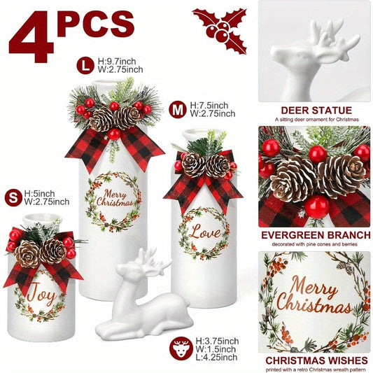 Set of 4 Artificial Christmas Vase and Elk with Mixed Christmas Decor Ceramic Bottles for Indoor Outdoor Kitchen Farmhouse