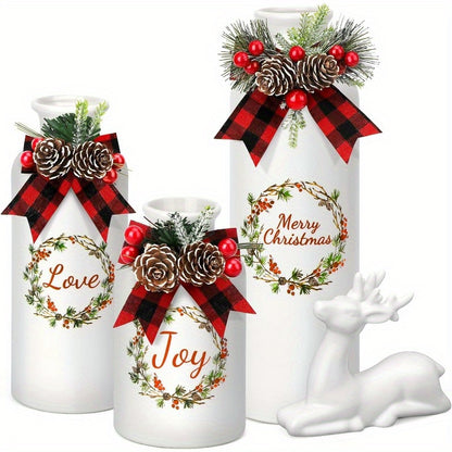 Set of 4 Artificial Christmas Vase and Elk with Mixed Christmas Decor Ceramic Bottles for Indoor Outdoor Kitchen Farmhouse