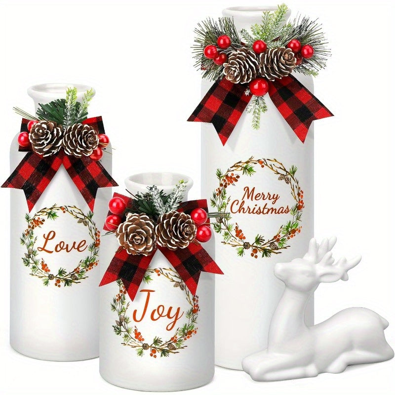 Set of 4 Artificial Christmas Vase and Elk with Mixed Christmas Decor Ceramic Bottles for Indoor Outdoor Kitchen Farmhouse