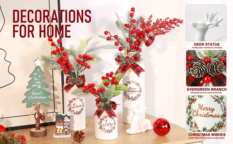 Set of 4 Artificial Christmas Vase and Elk with Mixed Christmas Decor Ceramic Bottles for Indoor Outdoor Kitchen Farmhouse