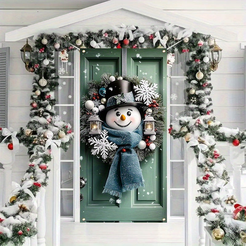 Charming Snowman & Christmas Wreath Door Banner - 35.4x70.8" Polyester Holiday Decoration, Perfect for Indoor/Outdoor Parties and Photo Booths