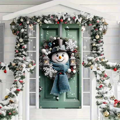 Charming Snowman & Christmas Wreath Door Banner - 35.4x70.8" Polyester Holiday Decoration, Perfect for Indoor/Outdoor Parties and Photo Booths