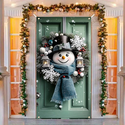 Charming Snowman & Christmas Wreath Door Banner - 35.4x70.8" Polyester Holiday Decoration, Perfect for Indoor/Outdoor Parties and Photo Booths