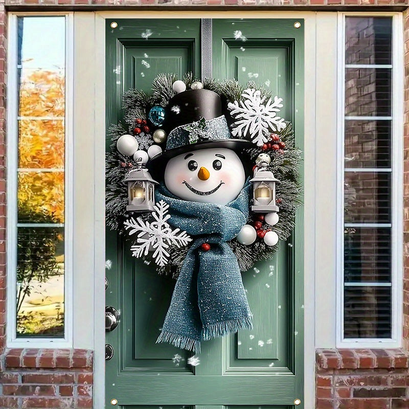 Charming Snowman & Christmas Wreath Door Banner - 35.4x70.8" Polyester Holiday Decoration, Perfect for Indoor/Outdoor Parties and Photo Booths