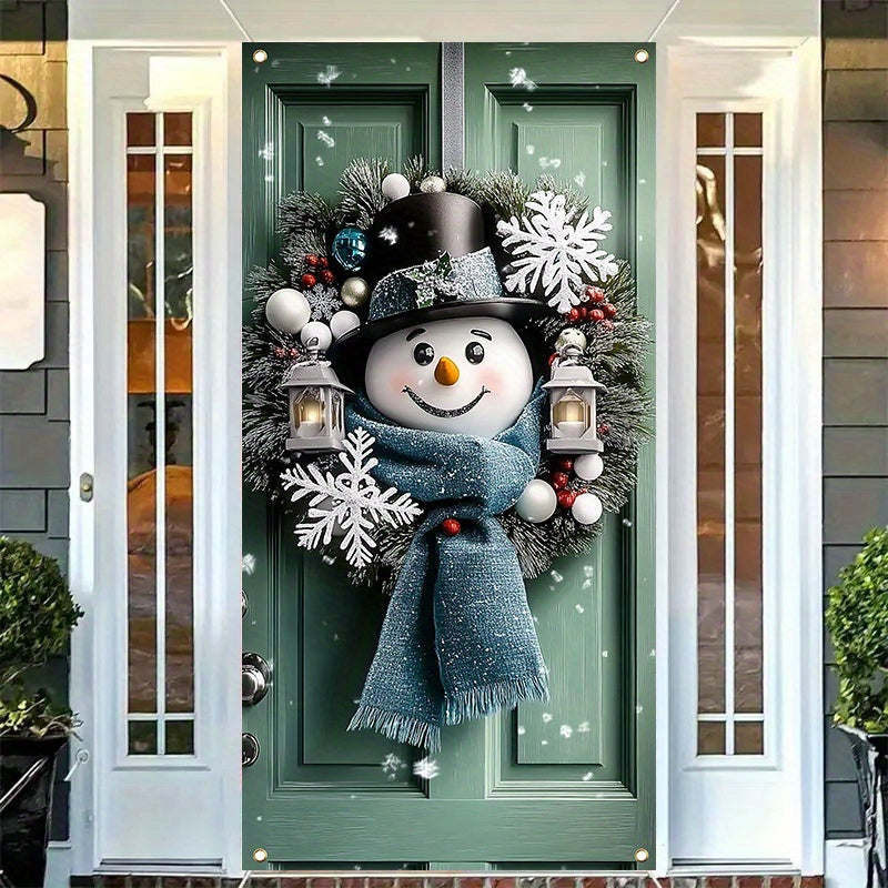 Charming Snowman & Christmas Wreath Door Banner - 35.4x70.8" Polyester Holiday Decoration, Perfect for Indoor/Outdoor Parties and Photo Booths