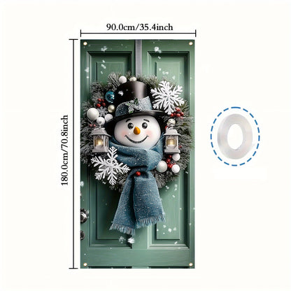 Charming Snowman & Christmas Wreath Door Banner - 35.4x70.8" Polyester Holiday Decoration, Perfect for Indoor/Outdoor Parties and Photo Booths