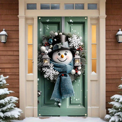 Charming Snowman & Christmas Wreath Door Banner - 35.4x70.8" Polyester Holiday Decoration, Perfect for Indoor/Outdoor Parties and Photo Booths