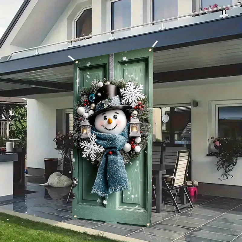 Charming Snowman & Christmas Wreath Door Banner - 35.4x70.8" Polyester Holiday Decoration, Perfect for Indoor/Outdoor Parties and Photo Booths