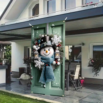 Charming Snowman & Christmas Wreath Door Banner - 35.4x70.8" Polyester Holiday Decoration, Perfect for Indoor/Outdoor Parties and Photo Booths