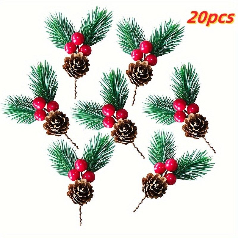 20pcs Christmas Berry Pine Cone Artificial Flowers Winter Christmas Decorations with Red Berries Pine Needles for Craft Table, Fireplace, Bar, Party, Holiday Decorations, and Essential Thanksgiving Christmas Decorations