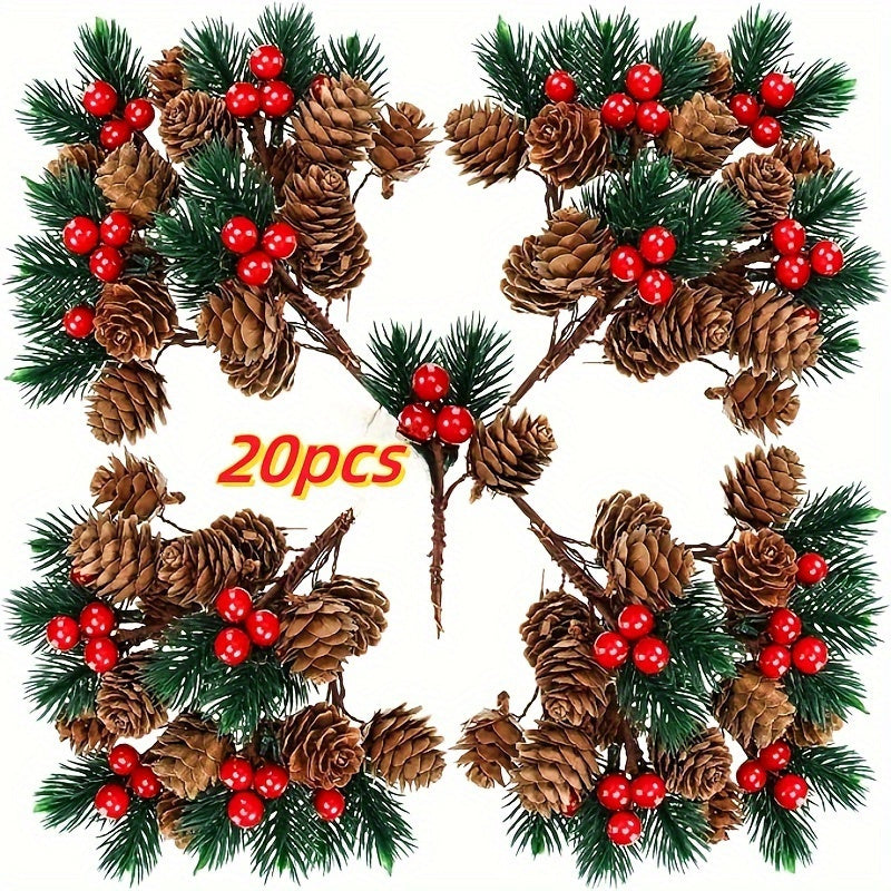 20pcs Christmas Berry Pine Cone Artificial Flowers Winter Christmas Decorations with Red Berries Pine Needles for Craft Table, Fireplace, Bar, Party, Holiday Decorations, and Essential Thanksgiving Christmas Decorations