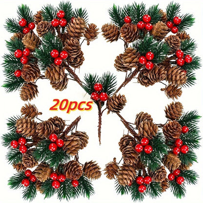 20pcs Christmas Berry Pine Cone Artificial Flowers Winter Christmas Decorations with Red Berries Pine Needles for Craft Table, Fireplace, Bar, Party, Holiday Decorations, and Essential Thanksgiving Christmas Decorations