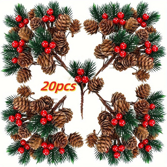 20pcs Christmas Berry Pine Cone Artificial Flowers Winter Christmas Decorations with Red Berries Pine Needles for Craft Table, Fireplace, Bar, Party, Holiday Decorations, and Essential Thanksgiving Christmas Decorations
