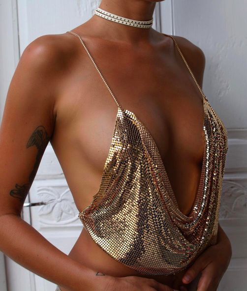 Popular, 2025 2020ins Popular trade New nightclub wind low-cut backless rhinestone sequined chain top vest fz1365