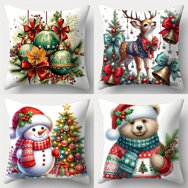 Contemporary Christmas Throw Pillow Covers Set of 4, Reindeer & Snowman, Teddy Bear & Christmas Bells, Decorative Cushion Cases, Zippered, Woven Polyester, Hand Wash, Home Sofa Decor 17x17 inches - Pillow Inserts Not Included
